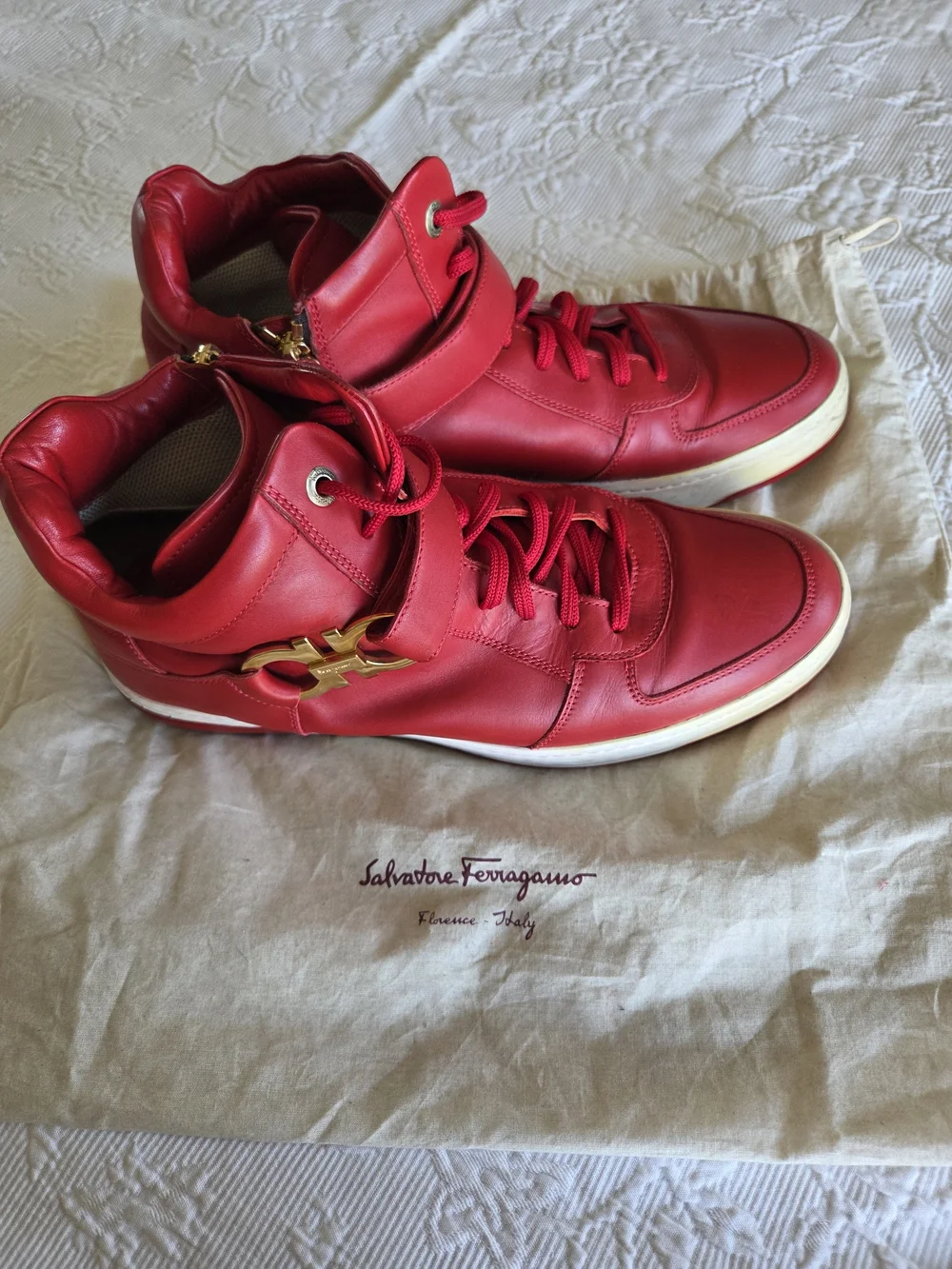 Salvatore Ferragamo | Nayon Red Leather High-Top Sneaker with Gold Logo